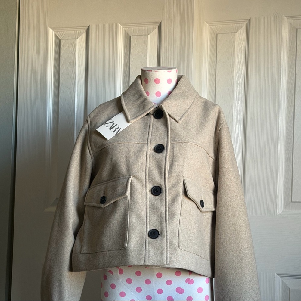 Zara Beige Cropped Jacket with Black Buttons